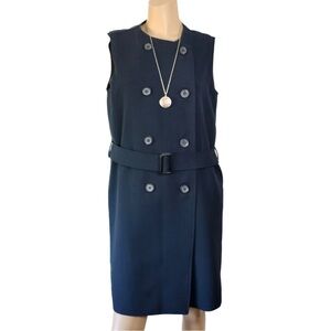 🌞$35/2 Double Breasted Belted Pinafore Dress Round Neck Navy Blue Size 8 Office